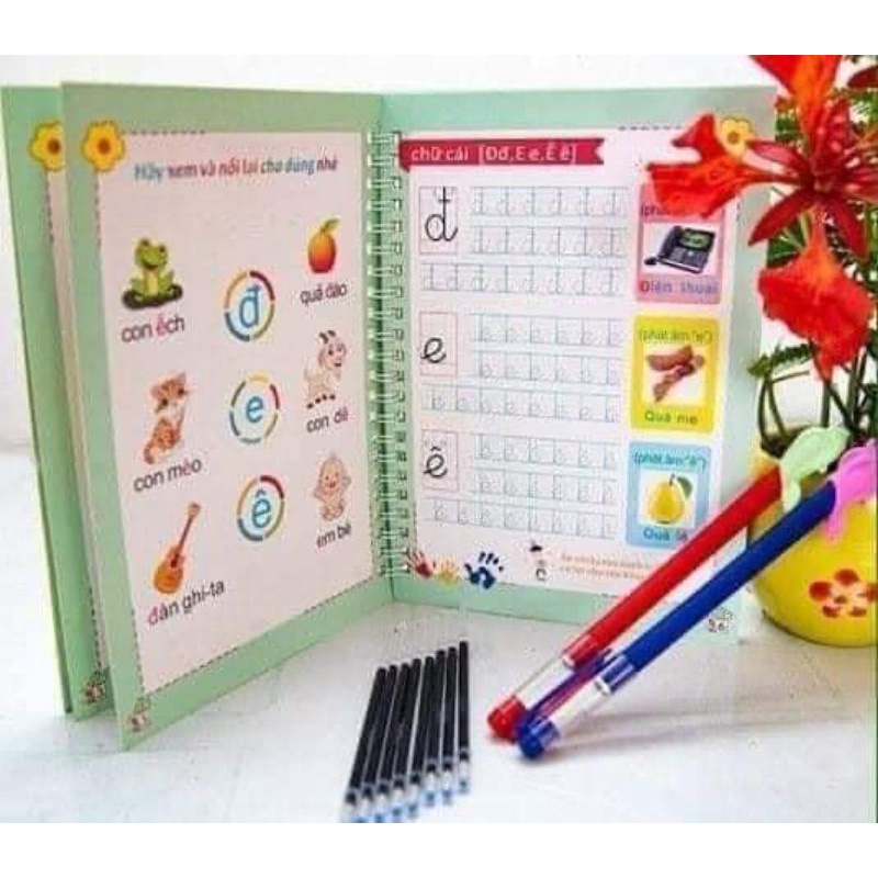 Bộ 3 Vở tập viết nét Lõm TỰ XÓA kèm bút tự bay màu cho bé luyện