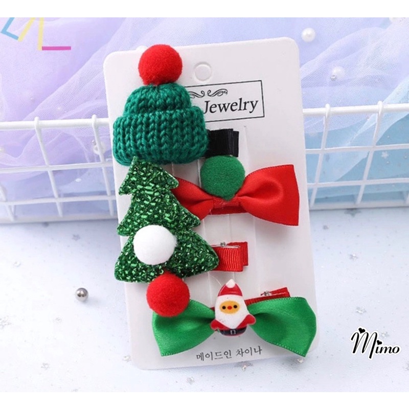 Kẹp tóc giáng sinh ngọt ngào cute, set 4 món kẹp cây thông, ông già noel, mũ len mẫu mới 2021