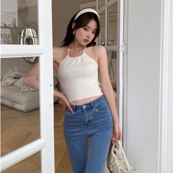 Áo 2 dây ZHELIHANGFEI dệt kim dáng ngắn hở lưng xinh xắn