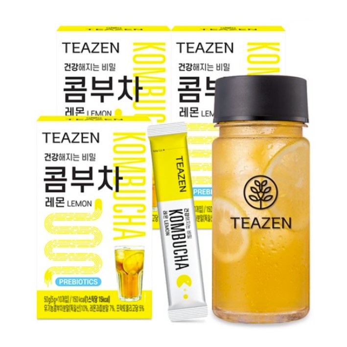 TEAZEN Kombucha Chanh 30 Thanh + Chai (350ml) / Không đường Prebiotics Low Calorie / từ Seoul Hàn Quốc