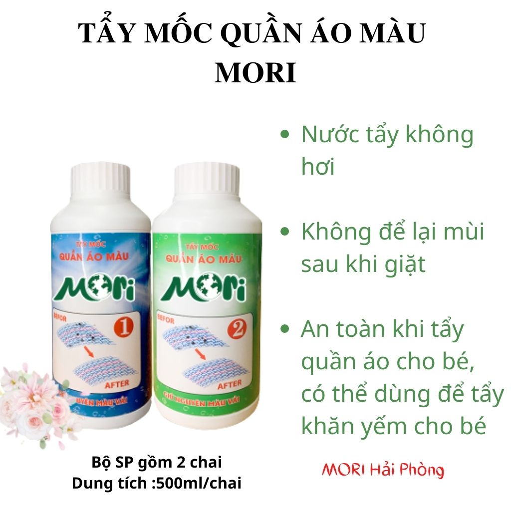 Tẩy mốc quần áo màu MORI, tẩy quần áo màu, tẩy ố mốc thâm kim hiệu quả set 2 chai 500ml