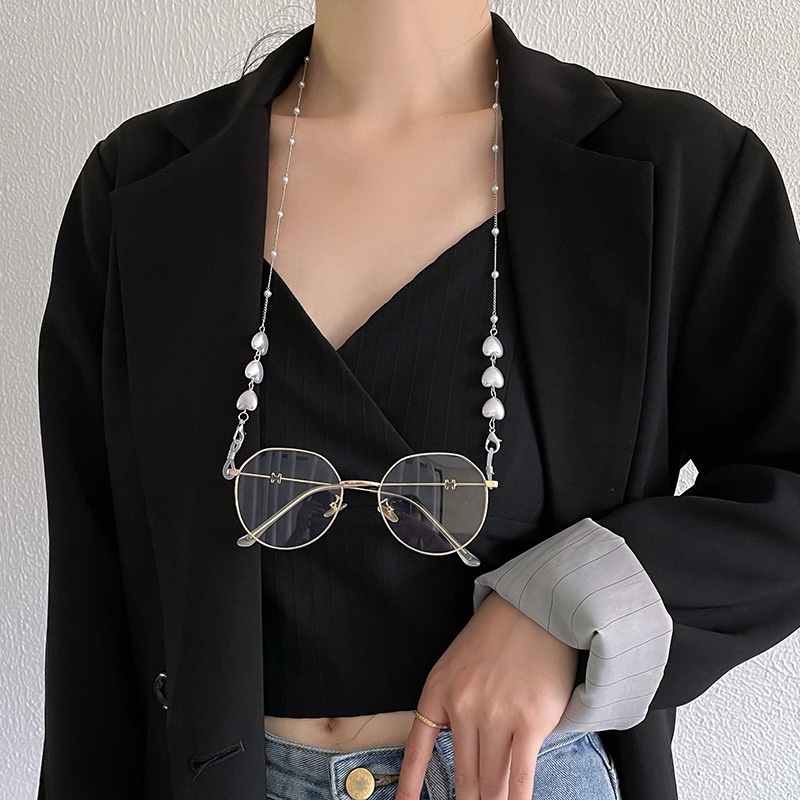 Dây Xích Treo Mắt Kính/Kính Mát Hình Trái Tim Bằng Kim Loại Phối Ngọc Trai Thời Trang Cho Nữ