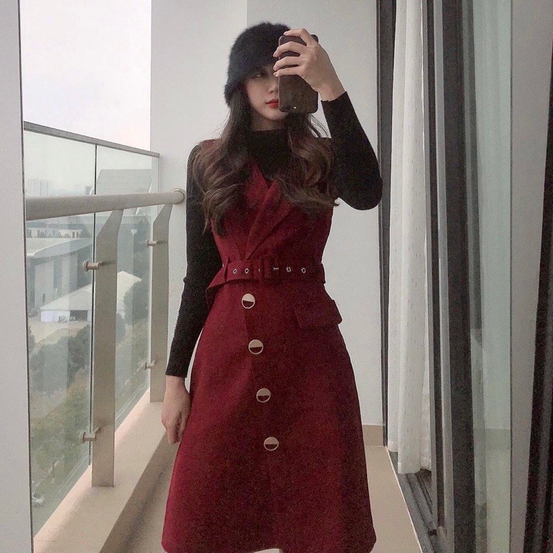 (Ảnh thật) Set váy cổ vest áo len cổ lọ thời trang công sở