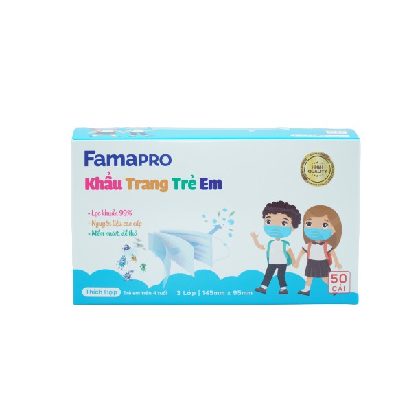 Khẩu trang y tế trẻ em kháng khuẩn 3 lớp Famapro max kid ( 50 cái /hộp )