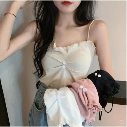 Áo 2 dây đẹp chuẩn vóc dángGIADUNGTONGKHO1Áo Dệt Kim Sát Nách Màu Trơn Cài Nút Trước Phối Diềm Xếp Nếp Hàn Quốc