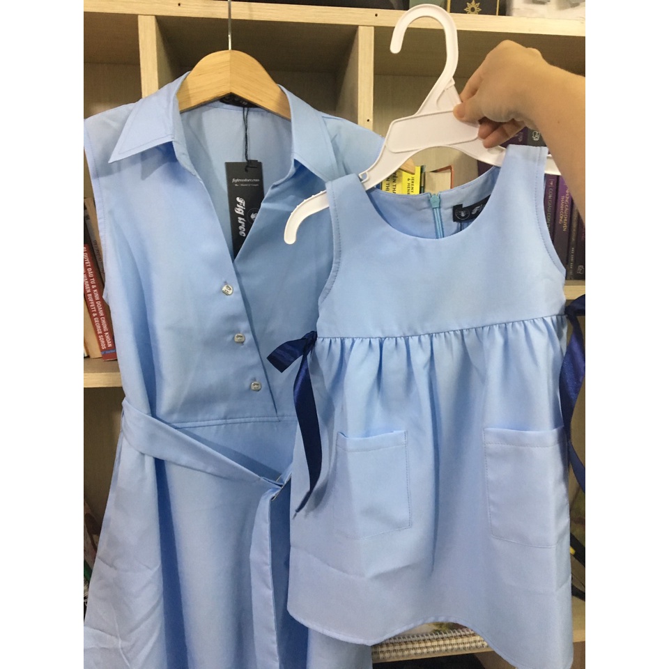 Set gia đình sơ mi váy màu xanh biển nhạt nhẹ nhàng FIG TREE