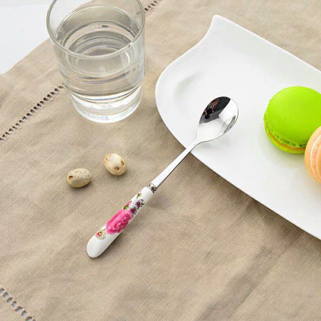 Thìa inox cán sứ hoa hồng, hàng loại 1 cao cấp tienich247