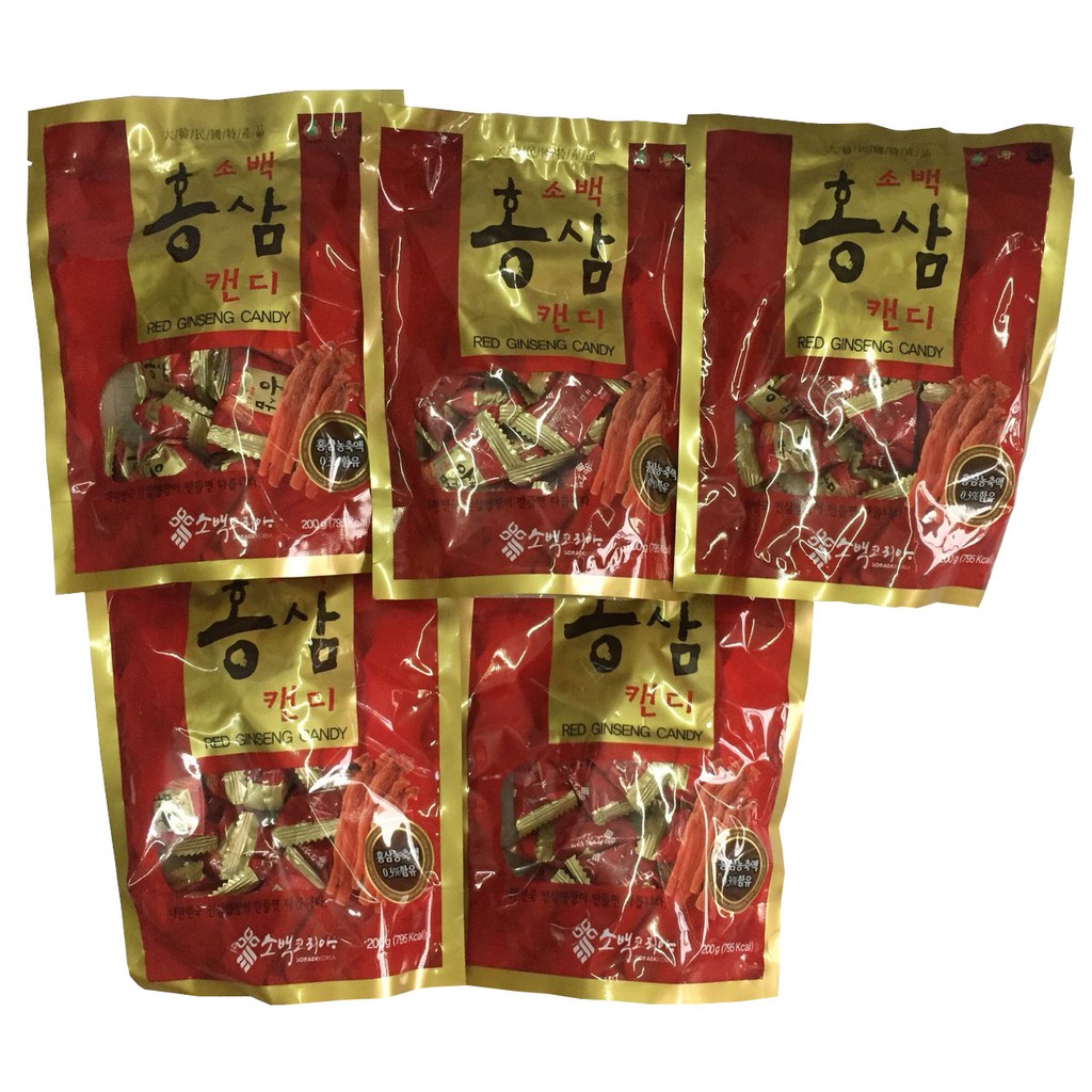 Combo 5 gói kẹo hồng sâm Sobaek Hàn Quốc 200g, kẹo sâm, kẹo hồng sâm 6 năm tuổi, kẹo vị sâm, sâm Hàn Quốc, PP Sâm yến 3A