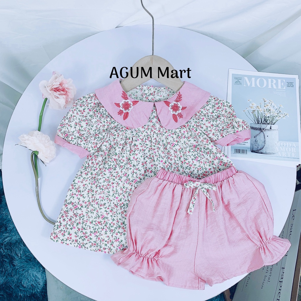 Set Bộ Hoa Nhí Bé Gái Cổ Bèo Thêu Hoa Quần Đính Nơ S01 AGUM MART Siêu Xinh Cho Bé Từ 9-20kg