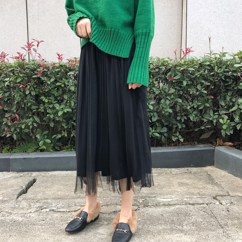 Chân váy dài nữ xòe lưng cao mới 2021, Đầm dài xòe xếp ly lớp ren ngoài màu đen trắng cao cấp thời trang du lịch công sở | BigBuy360 - bigbuy360.vn