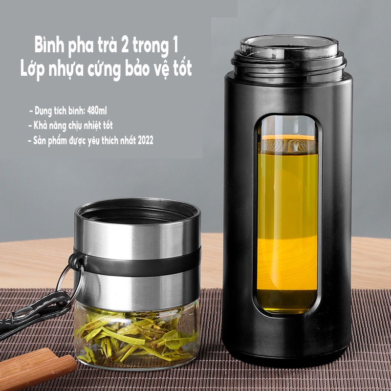 Bình pha trà, Ấm pha trà kiêm bình thủy tinh Mikawa 400ml thủy tinh chịu nhiệt có ốp chống vỡ bền đẹp