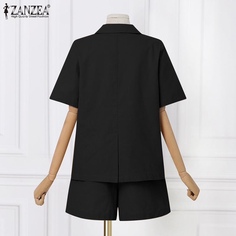 Bộ áo sơ mi ngắn tay cổ bẻ + quần short lưng thun ống rộng ZANZEA thời trang cho nữ