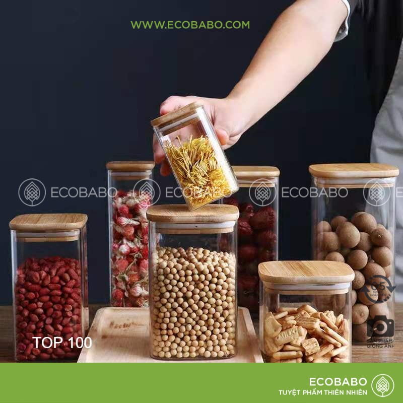 Lọ thủy tinh vuông nắp gỗ đựng đồ khô ngũ cốc nhiều size - ECOBABO