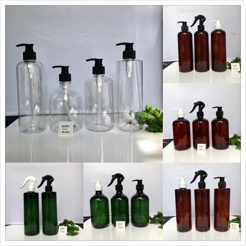 Chai nhựa 500ml trong suốt / nâu / Xanh vòi nhấn Pumb nhỏ giọt - Bình nhựa Pet lớn bóp xịt sương / vòi nhấn