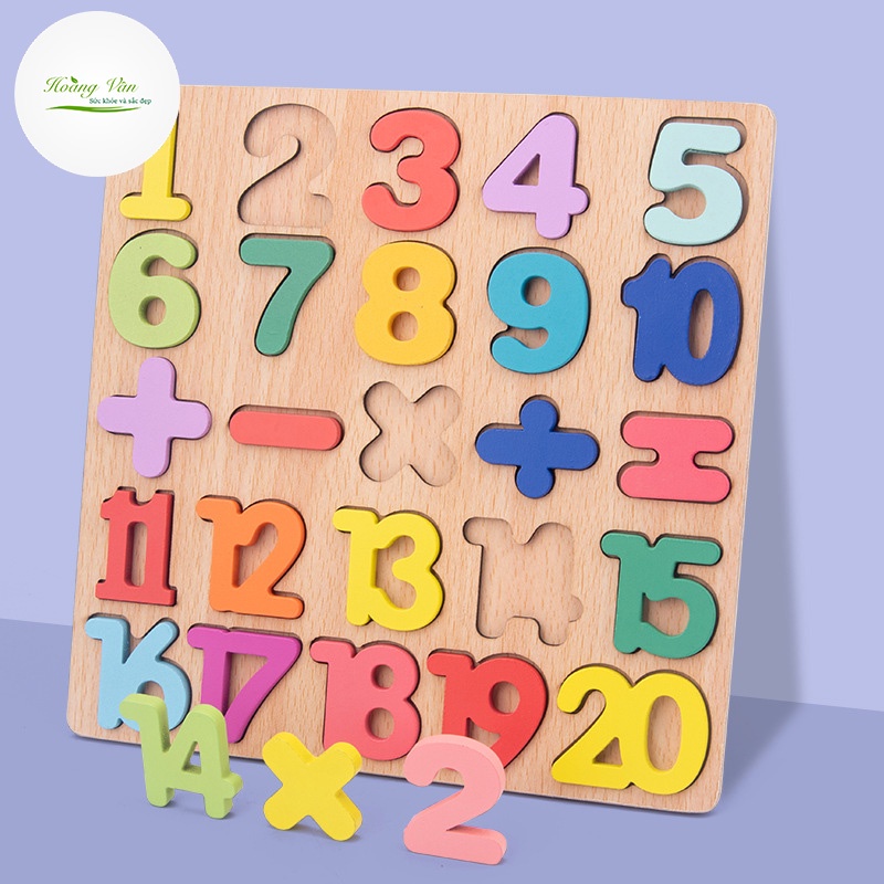 Bảng chữ số học toán từ 1 đến 20 kèm các phép tính cộng trừ nhân chia - làm bằng gỗ KT 20x20 cm