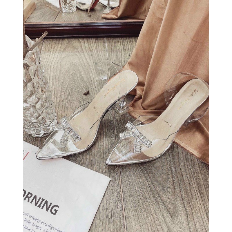 Giày cao gót quai meka gắn hiệu nơ cao cấp HUYENANH.SHOES99 - Giầy dép nữ gót nhọn 7 phân 5 màu đen, kem, cafe, bạc đồng