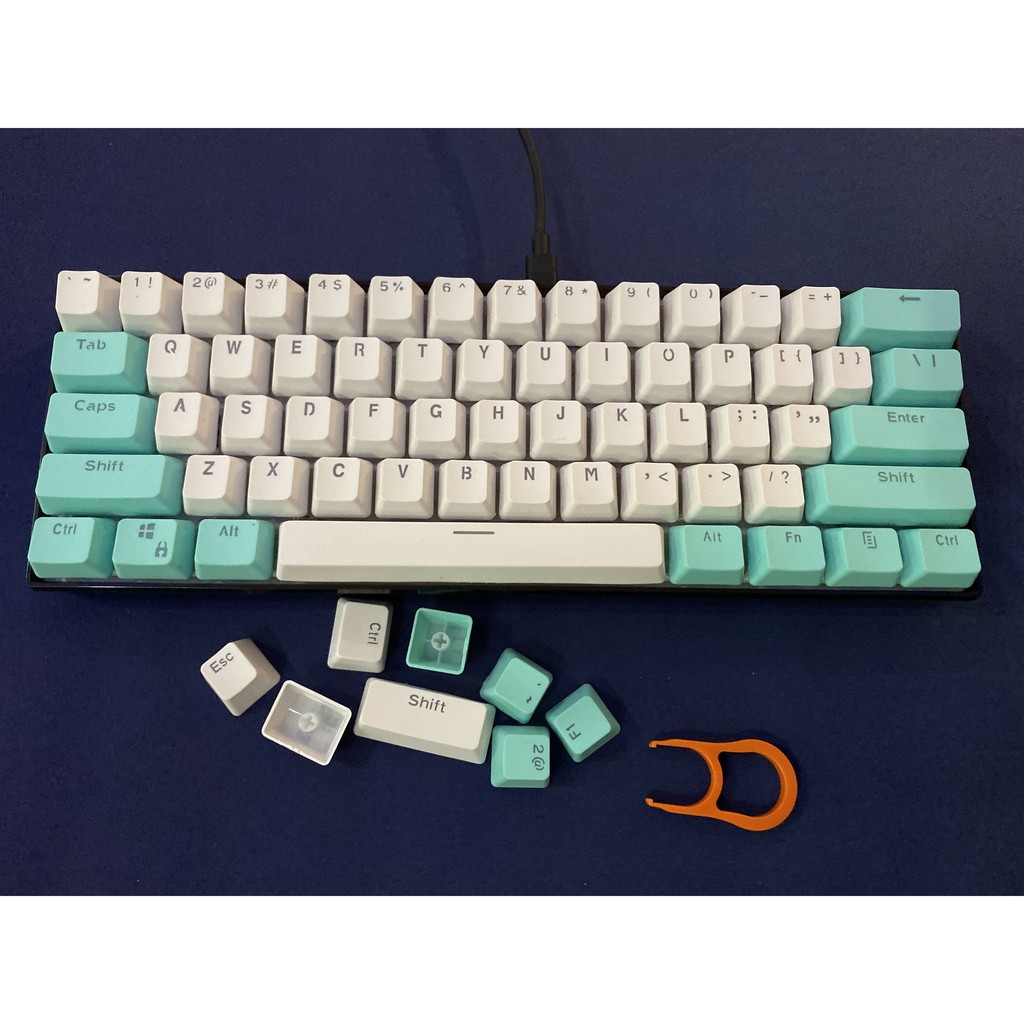 Keycap màu lục lam và trắng, 61 key PBT keycaps Sự kiện đặc biệt Keycaps, bàn phím cơ hai màu có đèn nền keycaps GH60 / RK61 / ALT61 / Annie / GK61 keycaps poker keycaps chơi game (chỉ bán keycaps)