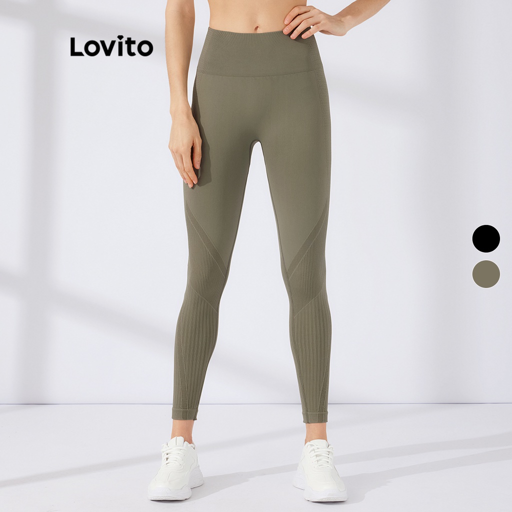 Quần legging Lovito bản rộng lưng cao không lộ đường may nâng hông màu trơn phong cách thể thao L23AD153 (màu đen/ xanh lục)