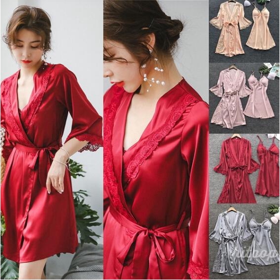 Set 3 món áo ngủ satin + quần dài + áo choàng phi bóng dành cho phái nữ