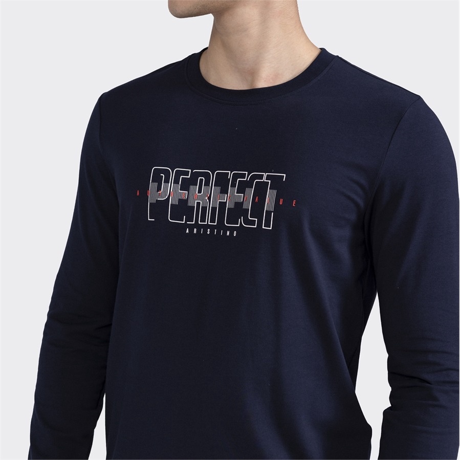 Áo thun nam dài tay Aristino ALT004W2 T-shirt Thu Đông Trơn Màu In Chữ Vải Cotton dáng Regular Fit Cổ Tròn