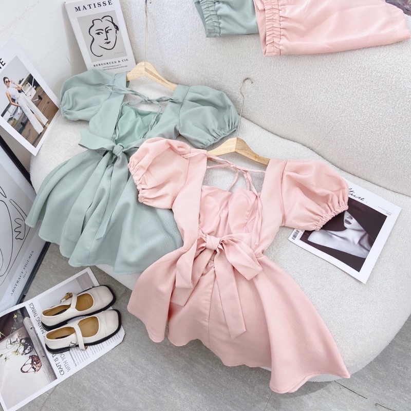 SET ÁO BBD NƠ LƯNG SAU CỔ VUÔNG + SHORT