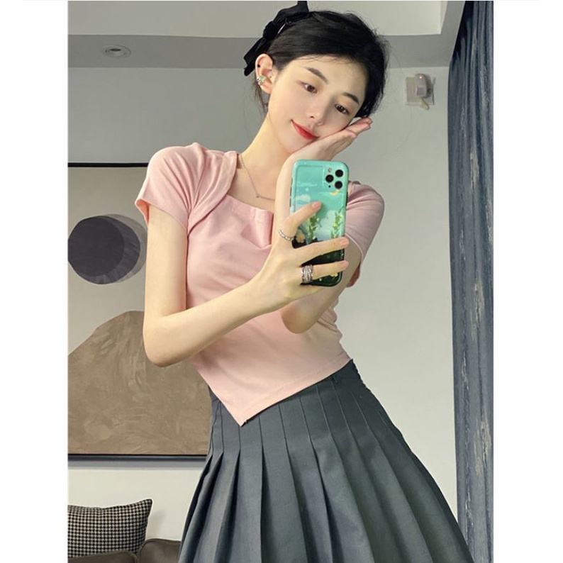 Áo Croptop Tay Ngắn Cổ Vuông Chéo Tà Vạt Nhọn,Áo Croptop Cổ Vuông Đắp Cánh Bước Cực Xinh Mẫu Mới