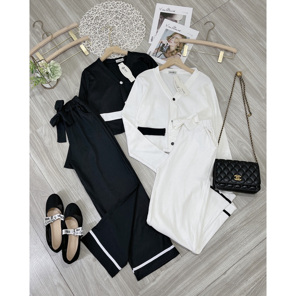 Set len mí viền túi mix quần ống rộng đồ bộ nữ thu đông
