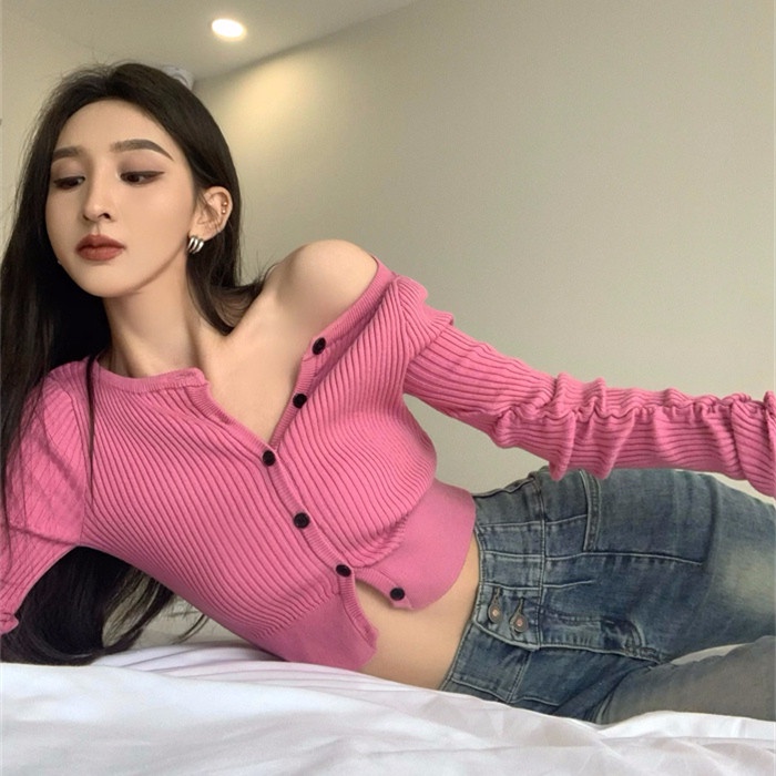 Bộ Áo Dệt Kim Dài Tay + Quần Denim Lưng Cao Thời Trang Dành Cho Nữ