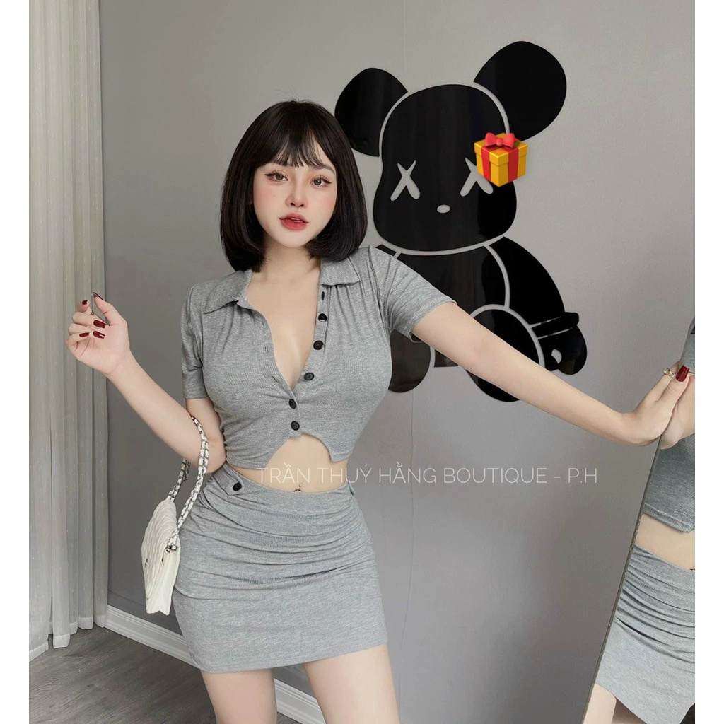 Sét gân áo croptop cổ bẻ cài nút kèm chân váy ngắn ôm