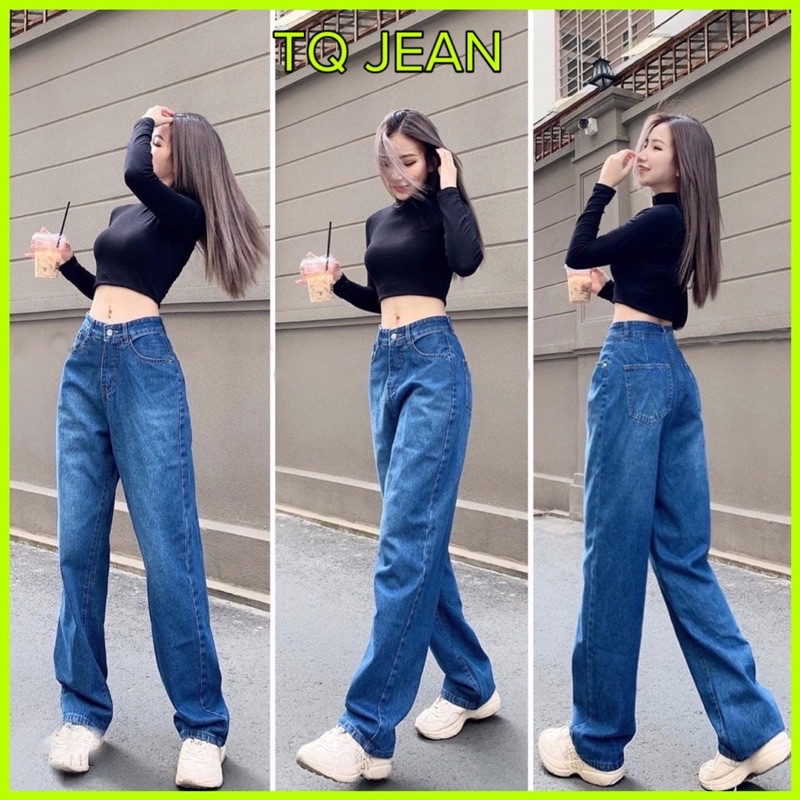 (Ảnh thật) Quần jean ống rộng màu xanh đậm basic thời trang
