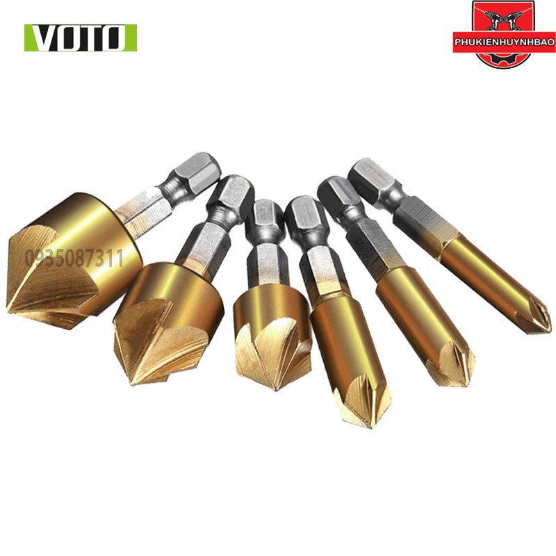 Bộ 6 Mũi Doa Âm Miệng Lỗ Bắt Âm Vít 5 Lưỡi Phay Phủ Titanium 6-19mm Chuôi Lục Giác VOTO