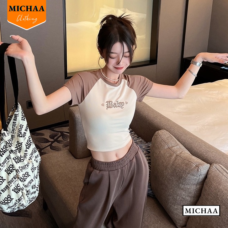 Áo Croptop Ôm Body Nữ BABY THÊU Cổ Tròn Tay Ngắn, Áo Thun Croptop Kiểu Thêu Họa Tiết MICHAA CR85