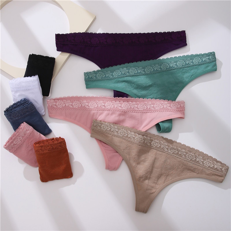 Set 2 quần lót Thong G-string ren hoa lưng thấp 9 màu trơn tùy chọn XS-XL