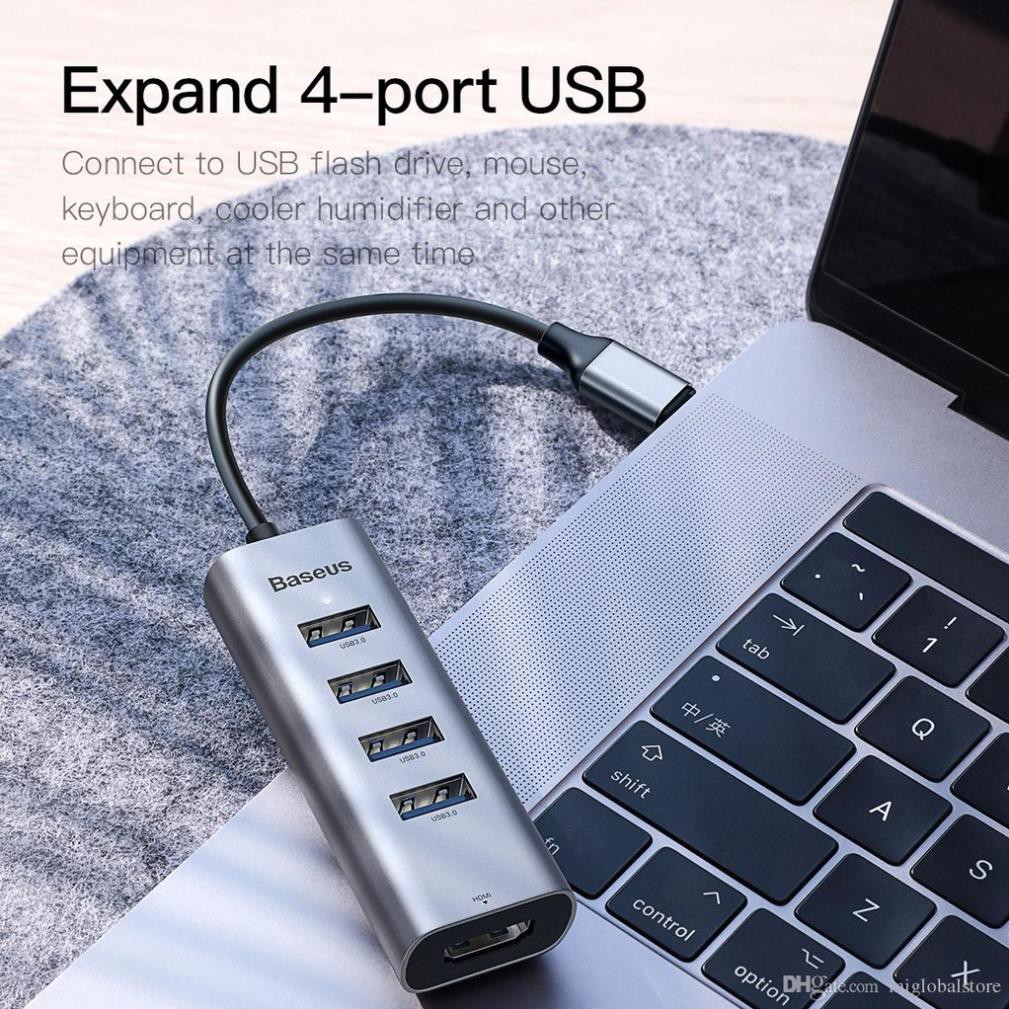 Hub chia cổng 5 in 1 Type-C ra 4 cổng USB 3.0 và HDMI chuẩn 4K hiệu Baseus Gen2 cho Macbook Pro/Smartphone - Chính hãng