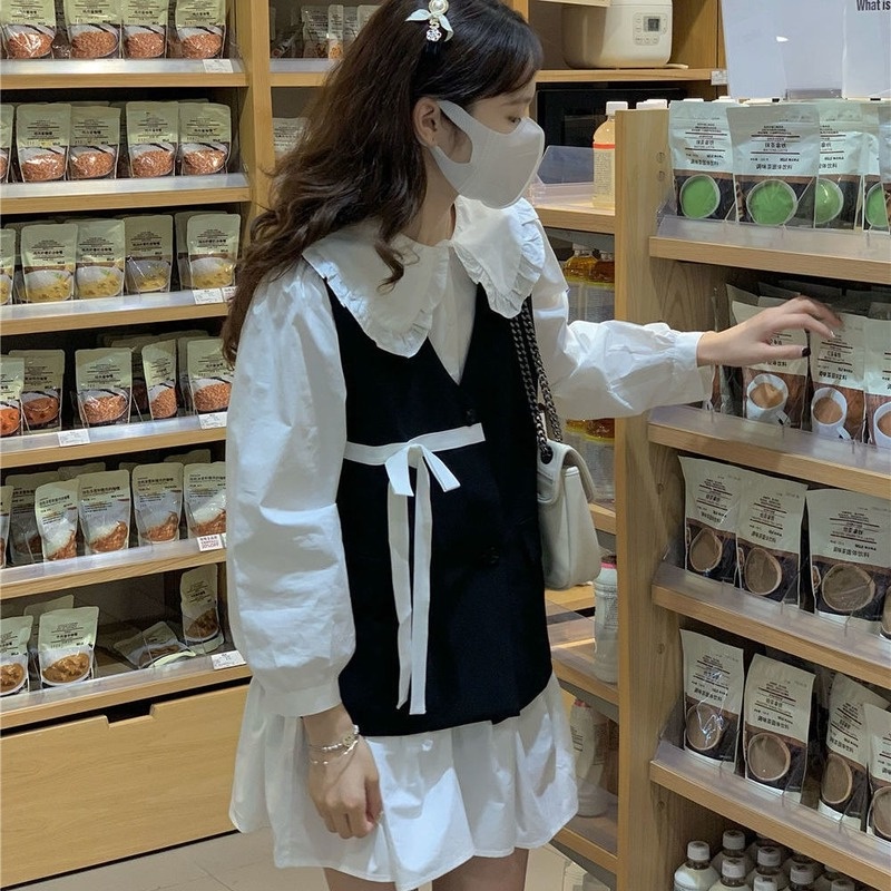 Đầm Trắng Dài Tay Cổ Búp Bê Phong Cách Hàn Quốc Cho Nữ