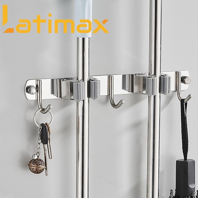 Thanh Treo đồ Dán tường đa năng 3 Móc 2 Kẹp chổi lau nhà Latimax Inox 304 tặng kèm keo dán
