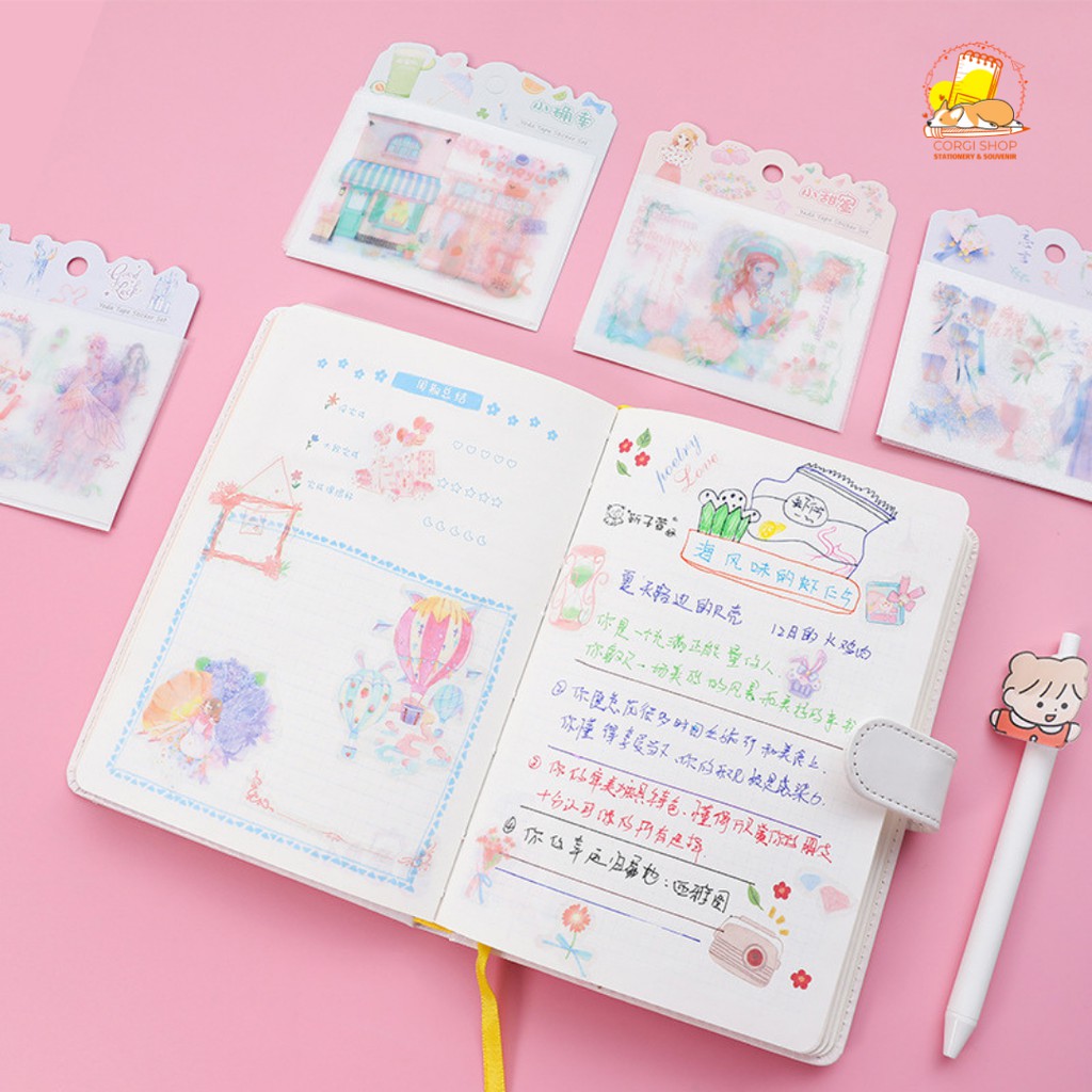 Set 4 tờ sticker dạng washi độc đáo cô gái, công chúa hoạt hình dễ thương - Corgi Shop