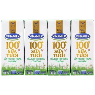 Sữa tươi tiệt trùng Vinamilk 100% lốc 4hộp x 180ml