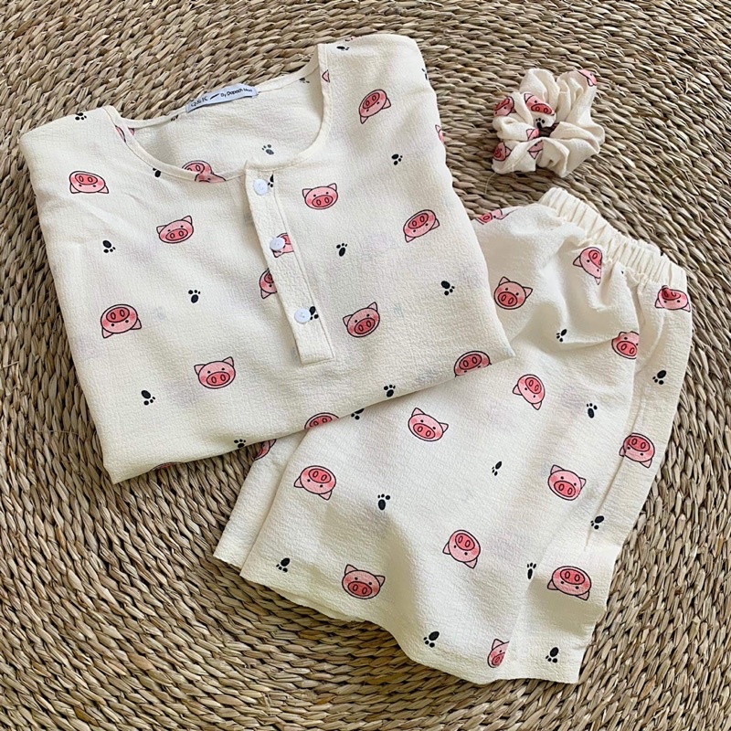 [HÀNG SẴN]BỘ ĐỒ PIJAMA CỘC TAY CHẤT ĐŨI XỐP KÈM SCRUNCHIES SIÊU ĐÁNG YÊU