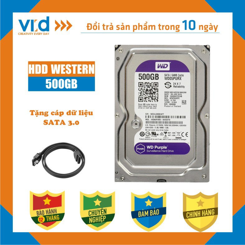 Ổ cứng HDD 500GB Western Tím - Tặng cáp sata 3.0 - Hàng tháo máy đồng bộ nhập khẩu từ Nhật Bản, Hàn Quốc mới 99%- BH 12T