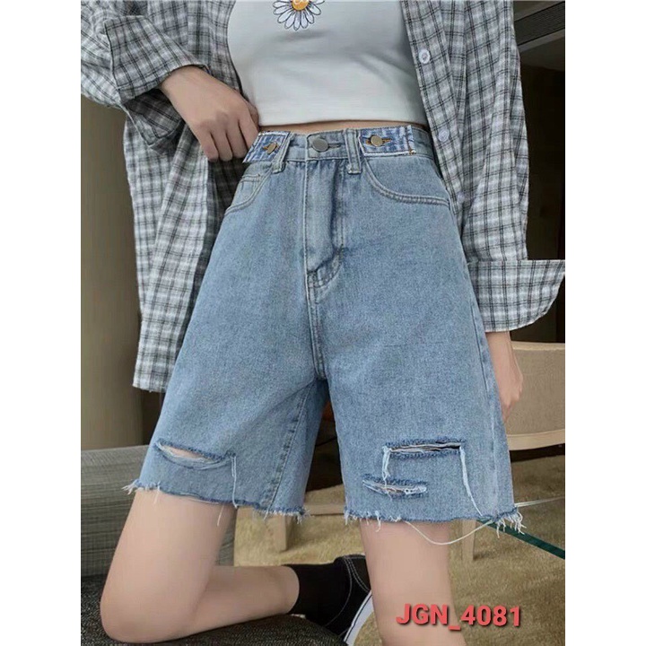 [Ảnh thật] Quần short Jean nữ màu xanh rách nhẹ cá tính quần ngố vải demin cao cấp in logo phong cách Hàn Quốc