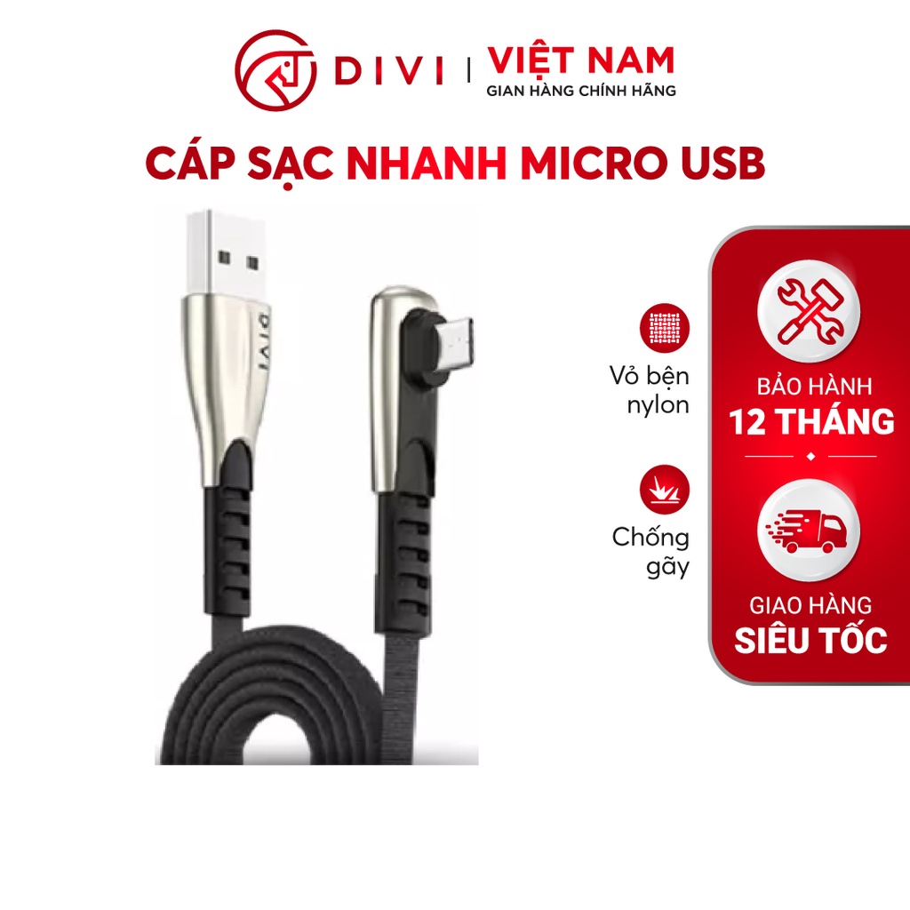 Cáp Sạc Micro USB Dạng Chữ L DIVI P486 Hỗ Trợ Sạc Micro USB Siêu Bền, Đẹp - Hàng Chính Hãng