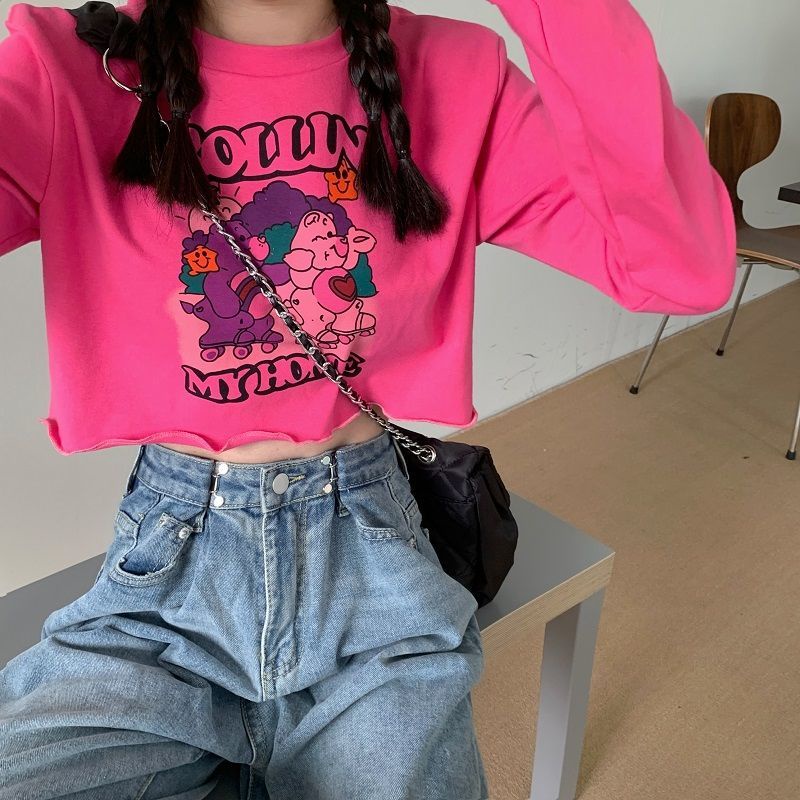 Áo Thun Cotton Tay Dài Hở Rốn In Họa Tiết Hoạt Hình Màu Đỏ Hồng Thời Trang Cho Nữ