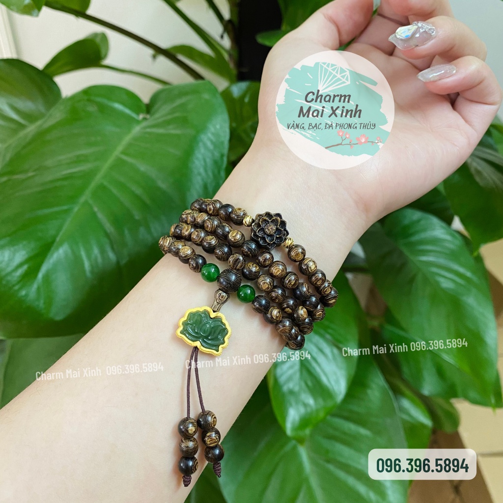 Chuỗi Trầm Hương Sánh chìm 108 hạt phối Hoa Sen và Búp Sen Ngo.c Bích bọc Bạc 925 - Vòng Tay Gỗ tự nhiên Nữ phong thuỷ