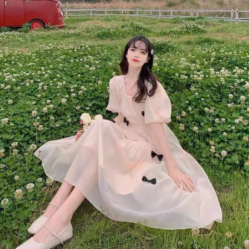 Đầm Babydoll Maxi Đính Nơ Ngắn Tay Dễ Thương