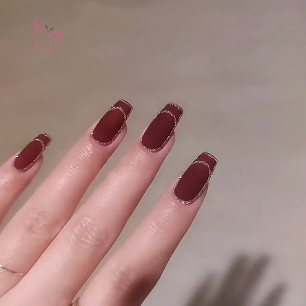 Bộ Móng Tay Giả Màu Đỏ Phong Cách Pháp Có Thể Tháo Rời