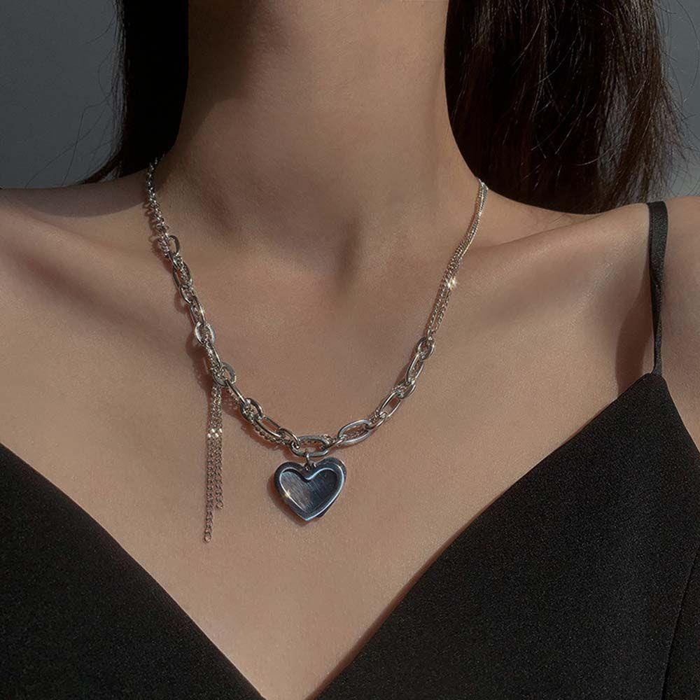 FORBETTER Dây Chuyền Choker Bằng Thép Không Gỉ Mặt Trái Tim Phối Tua Rua Thời Trang Cho Nữ