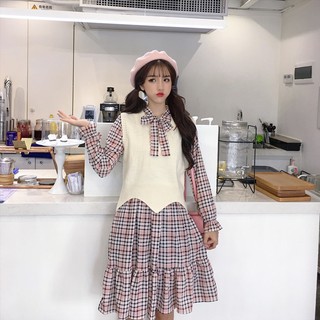 Đầm kẻ caro dài tay cổ nơ - ulzzangwind