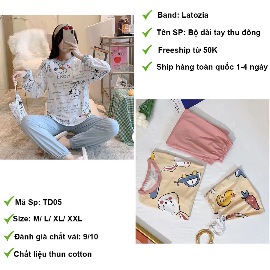 Bộ Ngủ Nữ Thu Đông Đồ Bộ Pijama Mặc Nhà Dài Tay Chất Cotton Thun Co Giãn LATOZIA TD05 | BigBuy360 - bigbuy360.vn