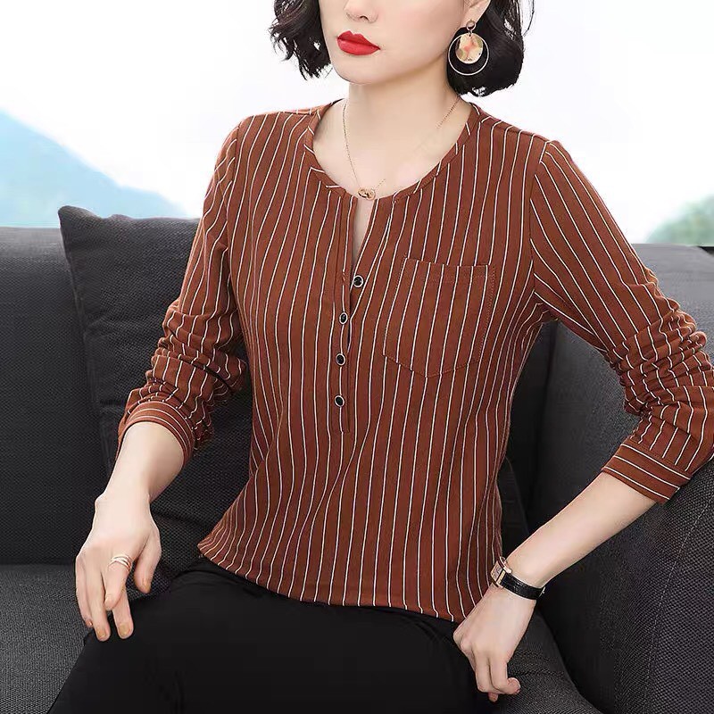 Áo Phông nữ tay dài thiết kế hoạ tiết kẻ sọc , Áo nữ mùa hè cổ tròn phối cúc chất vải cotton mềm mát _ AKS